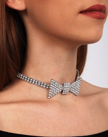 Resim Furtek Aksesuar Kadın Papyon Model Zirkon Taşlı Gümüş Pırlanta Abiye Gerdanlık Tasma Kolye Nişan Düğün Söz Choker 
