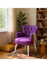 Resim Waterybrook Tekli Berjer Koltuk - Kapitoneli Babyface Kumaş - Beyaz Ahşap Ayaklı - Retro Modern Tasarım Mor 