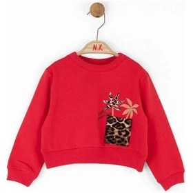 Resim Kız Bebek Pamuklu Leopar Cep Detaylı Sweatshirt-14789 Kırmızı 