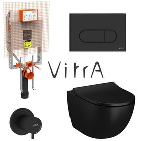 Resim Vitra S60 Smootflush Mat Siyah Asma Klozet 7510b083-0090, Vitra Mat Siyah Gömme Rezervuar Set 768-1851 Siyah 
