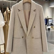 Resim Kadınlar için Zarif Çift Düğmeli Açık Gri Blazer - Şık Uzun Kollu, Düğmeli, Yakalı Ceket, Bol Kesim, Tüm Sezonlara Uygun Çok Yönlü Dış Giyim, Şık Ofis Giyimi, Sofistike Dikiş 