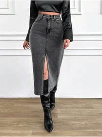 Resim cms jeans Kadın Yüksek Bel Yırtmaçlı Siyah Kar Yıkama Midi Boy Likralı Kot Etek 