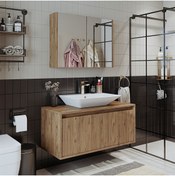 Resim ROOMART Lavabolu Mat Ahşap Mdf 100 Cm Banyo Dolabı + Aynalı Banyo Üst Dolabı 
