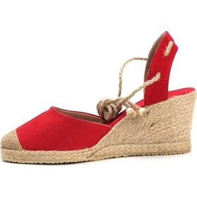 Resim Star Tombis Gerçek Elişi Topuğu Açık Bilekten Bağlamalı Bej Dolgu Topuk Keten Hasır Espadril Handmade Kırmızı 