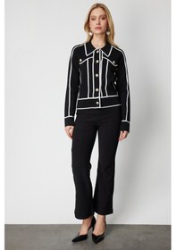 Resim On Kadın Şerit Detaylı Çıtçıt Kapamalı Hırka 69908 Siyah Siyah 