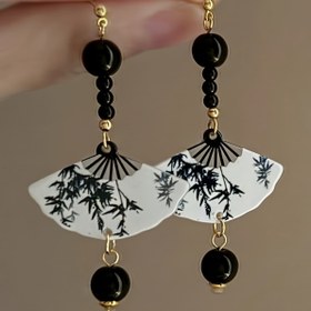 Resim Kadınlar için Moda Retro Çin Tarzı Uzun Gümüş İğne Mürekkep Resmi Yelpaze Şeklinde Reçine Küpeler 