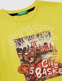 Resim United Colors of Benetton Erkek Çocuk Sarı Fotoğraf Baskılı Kolu Çizgili Oversize T-Shirt 