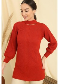 Resim By Saygı Boyun Dekolteli Saç Örgülü Desen Büyük Beden Spor Tunik Kazak-35198 - Mercan 