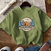 Resim Kadınlar için Rahat Yaka T-Shirt, Dağ ve Ağaç Grafikli, "KAMP" Baskısı - Nefes Alabilen Polyester, Kısa Kollu, Bahar/Yaz/Sonbahar İçin Tüm Mevsim Giyim, Açık Hava Aktiviteleri Tee | Doğa İlhamlı Tasarım | Parlak Dokulu Şir 