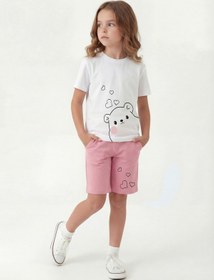Resim Panios Kids Yuvarlak Yakalı Yazlık Baskı Detaylı Kaprili Kız Çocuk Alt Üst Takım Pembe 