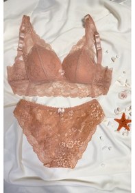 Resim Kadın Üçgen Dantel Bralet Desteksiz Sütyen Takım Pudra 