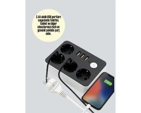 Resim Pileli Store 3 USB Çıkışlı 4’lü Akıllı Priz 2500W 2 Metre Kablo 