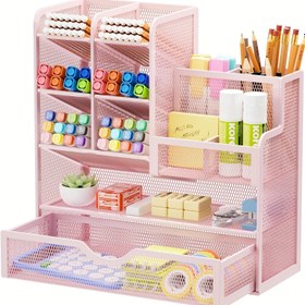 Resim Pastel Pembe Açık Raf Desenli Masa Organizatörü - Ev Ofisi, Okul ve Çalışma İçin Çok Katlı Depolama Ünitesi - Kırtasiye Tutuculu Tasarruflu Alan Tasarımı - Öğrenciler ve Profesyoneller için Kompakt Çalışma Alanı Düzenleyici 
