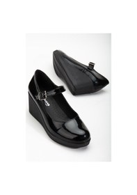 Resim Ayakdaş Baretli Kadın Dolgu Taban Klasik Ayakkabı Siyah-Rugan 