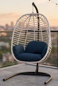 Resim KalyonHome Capri Rattan Tek Kişilik Bahçe Balkon Salıncağı - Armut Salıncak 2mm Profil Su İtici Keten Minderli 