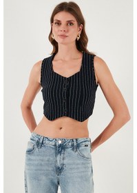 Resim Lela Slim Fit Kalp Yaka Düğmeli Kalın Askılı Crop Bayan Yelek 5865497 Lacivert Çizgili 
