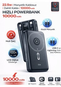 Resim 22.5w Hızlı Şarj 10.000 Mah Kablosuz Powerbank Dahili Kablolu Taşınabilir Şarj Cihazı Magsafe Uyumlu Siyah 