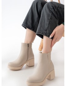 Resim 5109-3057 Bej Lastikli Fermuarlı Kalın Topuklu Günlük Kadın Bot Beyaz 