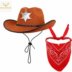 Resim NW NessiWorld Çocuk Kovboy Şapka Rozetli Kahverengi & Kırmızı Bandana Seti 