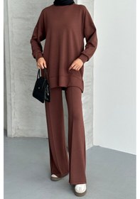 Resim Feela Moda Kadın Modal Penye Oversize Tesettür Tunik Takım 2020 Kahverengi 