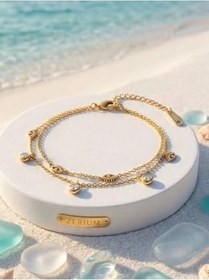 Resim Nazar Gözlü Çelik Kadın Halhal Çift Zincir Tasarım Gold27 