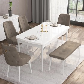 Resim Canisa Concept Are Serisi 80 x 132 cm Açılabilir Benchli Mdf Beyaz Mutfak Masa Takımı 4 Sandalye 1 Bench 