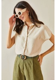 Resim Defymoda Kadın Keten Kumaş Kısa Kollu Gömlek Bej 