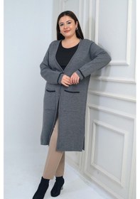 Resim By Saygı Kadın Cepleri Şerit Detaylı Büyük Beden Uzun Triko Hırka-41815 Gri 