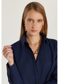 Resim Tudors Kadın Slim Fit Dar Kesim Uzun Kollu Pamuklu Vücuda Oturan Dokulu Lacivert Basic Gömlek-35319 Lacivert 