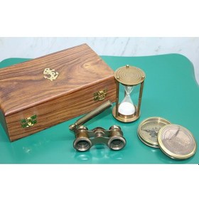 Resim Kişiye Özel Ahşap Kutulu Pirinç Pusula,kumsaati,dürbün Seti 
