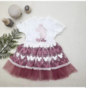 Resim 1-2-3 Yaş Payetli Mickey Baskılı Brode Etekli Kız Bebek Elbisesi Rose 001 
