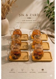 Resim Morponi 6 Lı Cam Çay Ve Kahve Fincanı Bambu Altlıklı Sunum Seti 150 Ml Şeffaf Cam 