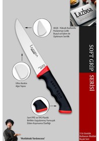 Resim Lazbisa Mtf-052 Soft Grip Mutfak Bıçak Seti Et Ekmek Sebze Bıçağı 3 Lü Set Günlük Kullanım Kırmızı - Siyah 