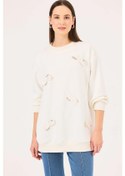 Resim Seçil Kadın Yuvarlak Yaka Taş Detaylı Sweatshirt 1020 Ekru Ekru 