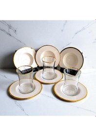 Resim Sade 6'lı Beyaz Tabaklı Ve Altın Detaylı Çay Bardağı Takımı - Sudedi Home Renkli 