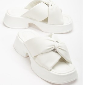 Resim Küçük Taş Detaylı Kalın Taban Çapraz Cilt Beyaz Kadın Dolgu Topuk Terlik-3009-Beyaz 