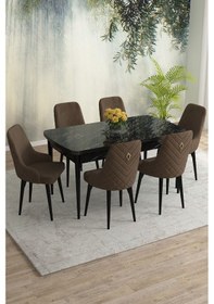 Resim Meri Serisi 80x132 Açılabilir Mdf Siyah Mermer Desen Masa Takımı 6 Lacivert Sandalye Kahverengi 