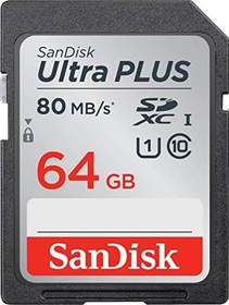 Resim Sandisk Ultra Plus 64 GB SDXC UHS-I kart – 80 MB/s'ye kadar hız 