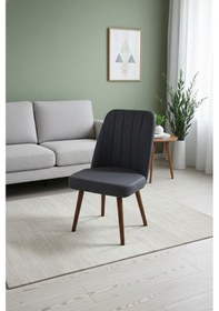 Resim Nora 1 Adet Sandalye - Keten Kumaşlı Sandalye Modern Ahşap Ayaklı Yemek & Çalışma Sandalyesi Minimal Tasarım Antrasit 