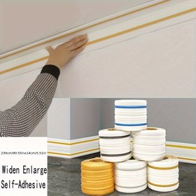 Resim Kendinden Yapışkanlı Köpük Duvar Kenar Şerit Stickerları - Su Geçirmez, Kolay Kurulum, 230cm x 14cm, Beyaz/Altın/Mavi Şeritler Basamak, Köşe ve Bel Çizgisi Dekorasyonu için, Dayanıklı XPE Köpük Malzeme, Çarpışma Karşıtı Tasarım, DIY Ev Dekoru için Mükemmel 