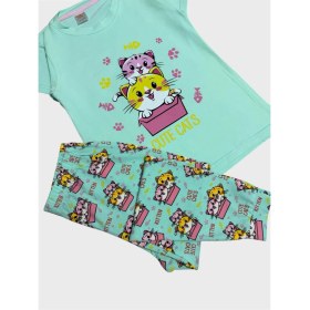 Resim Elmas Kids Kız Çocuk %100 Pamuklu Yeşil Kedi Desenli Kısa Kollu Altı Uzun Yazlık Pijama Takımı 