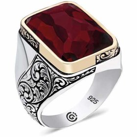 Resim Bague homme en argent avec pierre bordeaux inclinée 