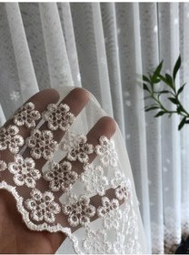 Resim Tül Perde Papatya Serpmeli Grek Sedef Sim Işlemeli Brode B13787 Ekru 