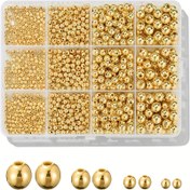 Resim 1100 adet, 3, 4, 6, 8 mm altın yuvarlak boncuk set kutusu dahil, bilezik aralayıcı boncuklar yapımı için kullanılabilir, basit DIY üretim malzemeleri 