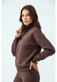 Resim Balenbi Kadın 3 İplik İçi Polarlı Yarım Fermuarlı Oversize Sweatshirt 1112 Kahverengi 