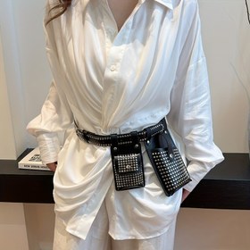 Resim 2 Parça Perçinli Kadın Bel Çantası ve Kemer Seti, Punk Tarzı Göğüs Çantası, Telefon Çantasıyla Eşleşen Kadın Cüzdan 