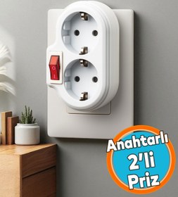 Resim Vip Aydınlatma Golyat Düğmeli Anahtarlı 2'li Beyaz Duvar Tipi Grup Priz 