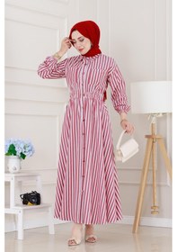 Resim Sevitli Çizgili Cepli Tesettür Elbise-bordo-5133 Bordo 