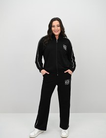 Resim Kadın Büyük Beden Fermuarlı İki İplik İşleme Detaylı Eşofman Takımı 8152-25-1 - 5XL / Siyah 