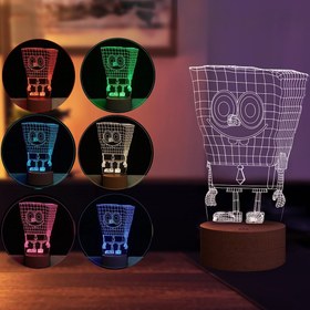 Resim DEKORANLA Renkli Sünger Bob Figürlü LED Masa Lambası, Ahşap Taban, 7 Renk Işık 